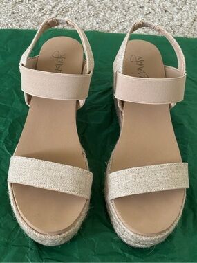 Y Not? Neutral Linen Espadrille Wedge Sandals